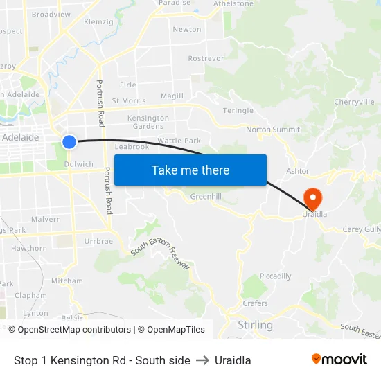 Stop 1 Kensington Rd - South side to Uraidla map