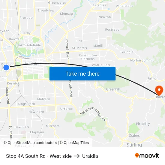 Stop 4A South Rd - West side to Uraidla map