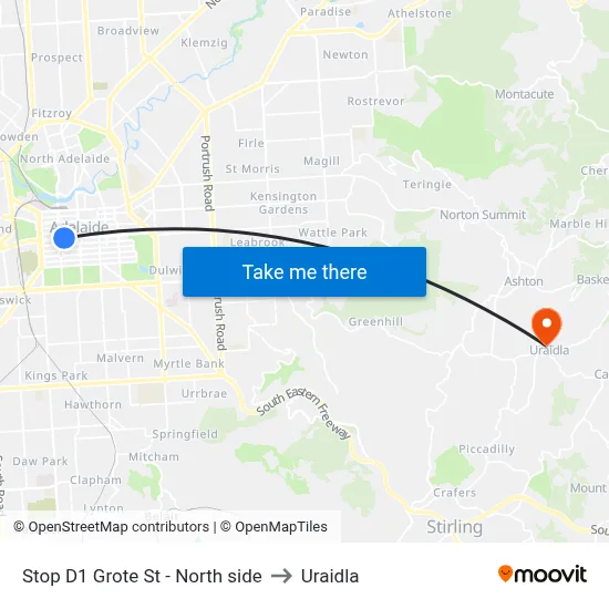 Stop D1 Grote St - North side to Uraidla map