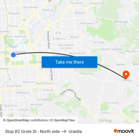 Stop B2 Grote St - North side to Uraidla map