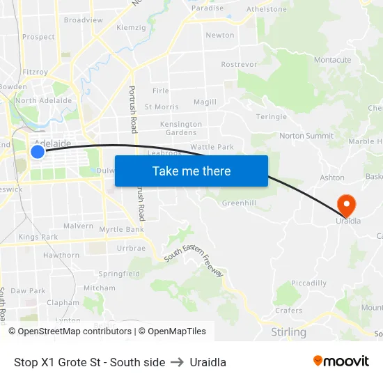 Stop X1 Grote St - South side to Uraidla map