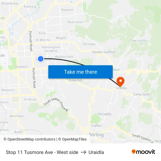 Stop 11 Tusmore Ave - West side to Uraidla map