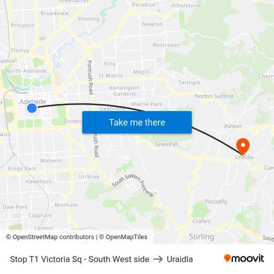 Stop T1 Victoria Sq - South West side to Uraidla map