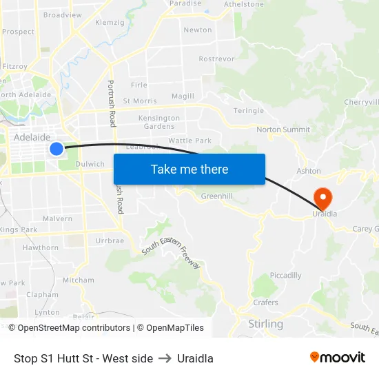 Stop S1 Hutt St - West side to Uraidla map