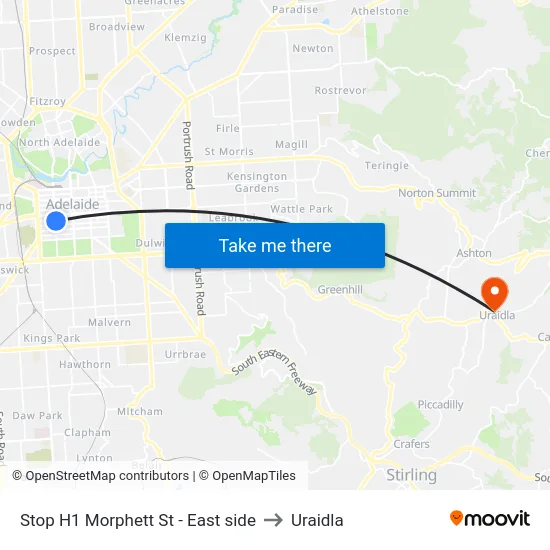 Stop H1 Morphett St - East side to Uraidla map