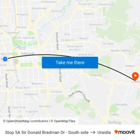 Stop 5A Sir Donald Bradman Dr - South side to Uraidla map