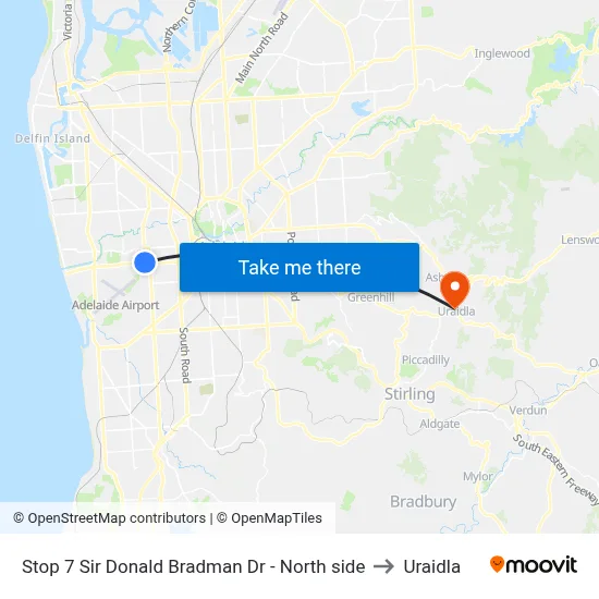 Stop 7 Sir Donald Bradman Dr - North side to Uraidla map