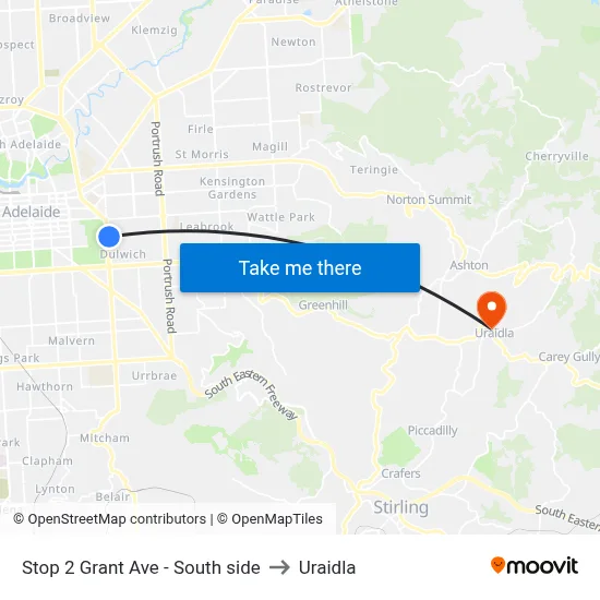 Stop 2 Grant Ave - South side to Uraidla map