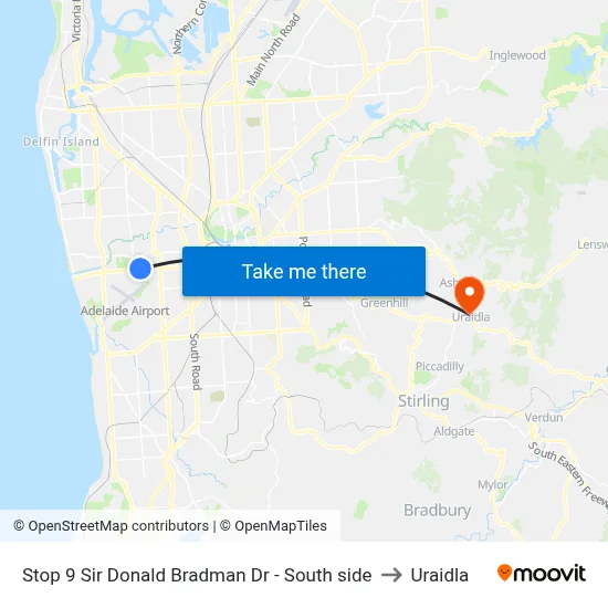 Stop 9 Sir Donald Bradman Dr - South side to Uraidla map