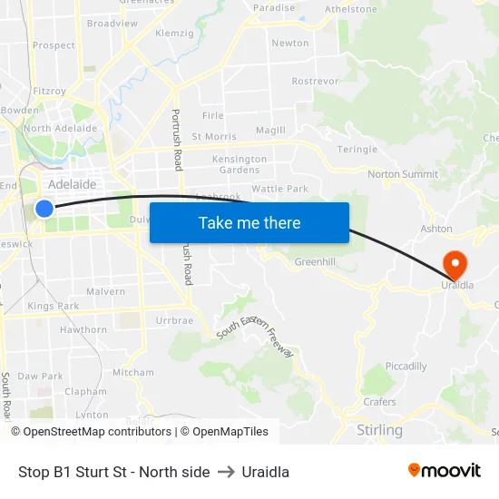 Stop B1 Sturt St - North side to Uraidla map