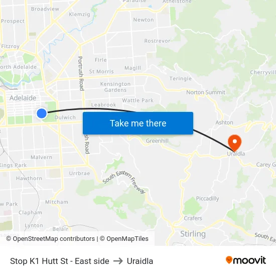 Stop K1 Hutt St - East side to Uraidla map