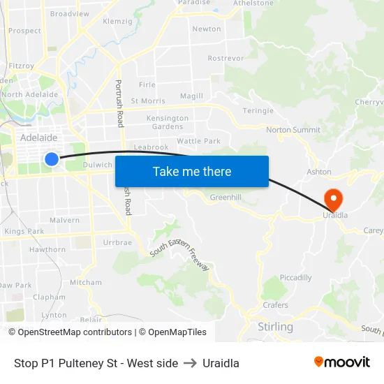 Stop P1 Pulteney St - West side to Uraidla map