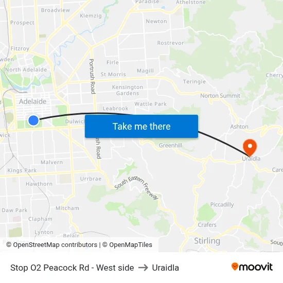 Stop O2 Peacock Rd - West side to Uraidla map