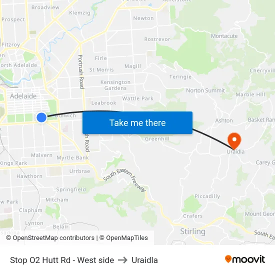 Stop O2 Hutt Rd - West side to Uraidla map