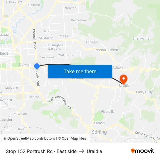 Stop 152 Portrush Rd - East side to Uraidla map