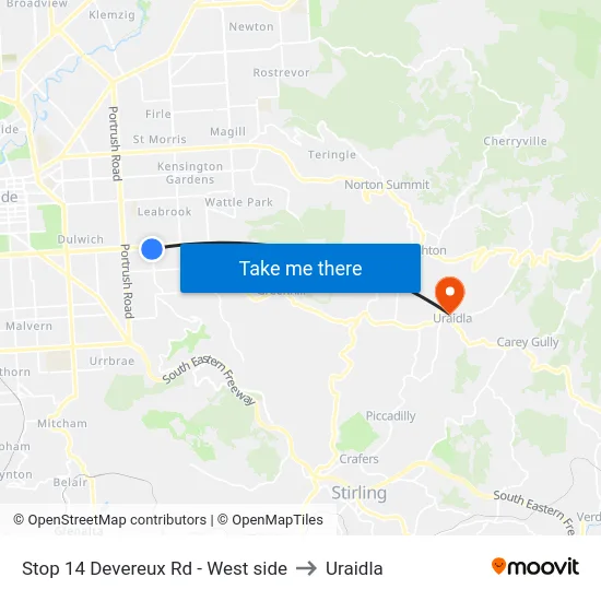 Stop 14 Devereux Rd - West side to Uraidla map