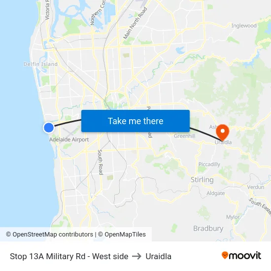 Stop 13A Military Rd - West side to Uraidla map
