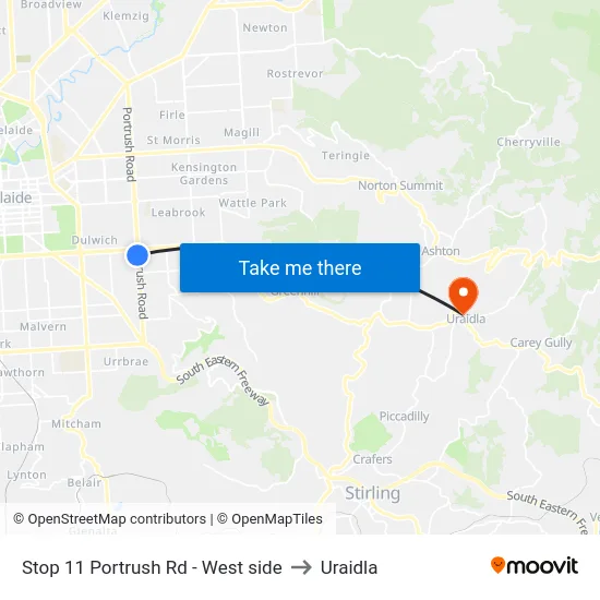 Stop 11 Portrush Rd - West side to Uraidla map