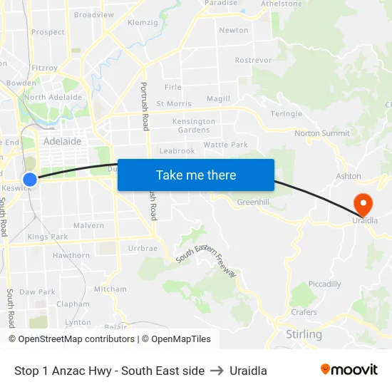 Stop 1 Anzac Hwy - South East side to Uraidla map