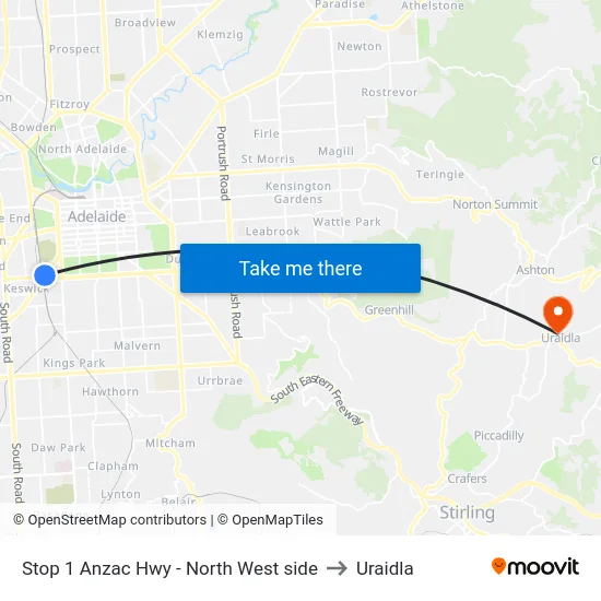 Stop 1 Anzac Hwy - North West side to Uraidla map