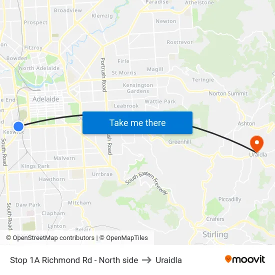 Stop 1A Richmond Rd - North side to Uraidla map