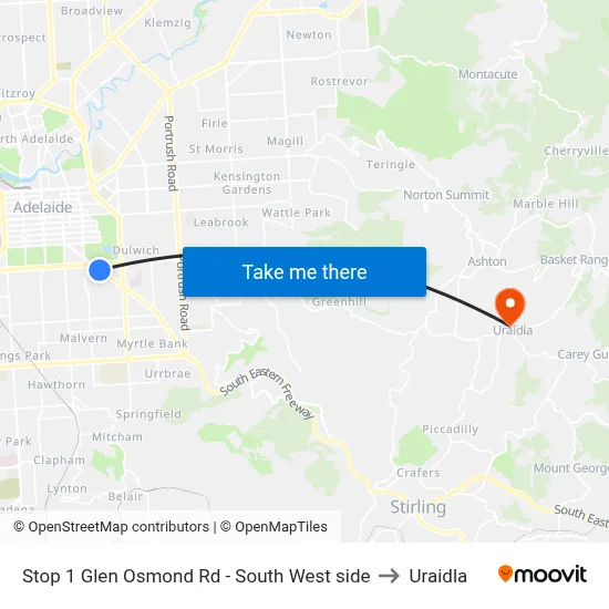 Stop 1 Glen Osmond Rd - South West side to Uraidla map