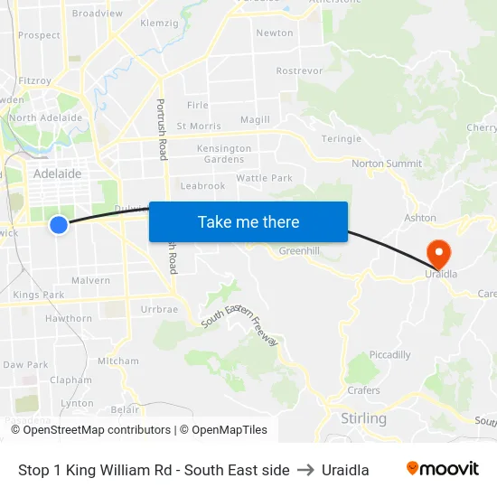 Stop 1 King William Rd - South East side to Uraidla map