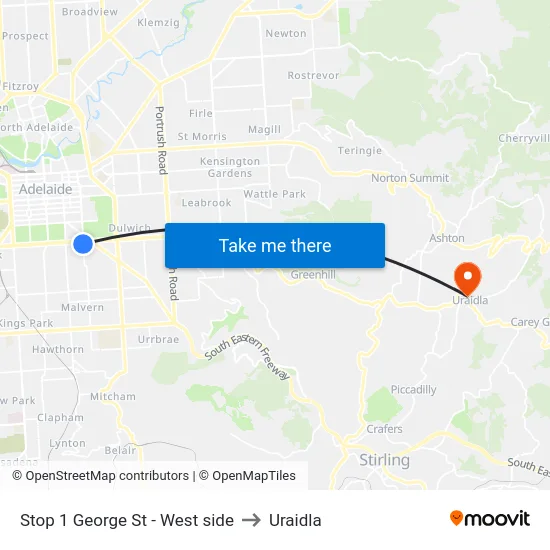 Stop 1 George St - West side to Uraidla map