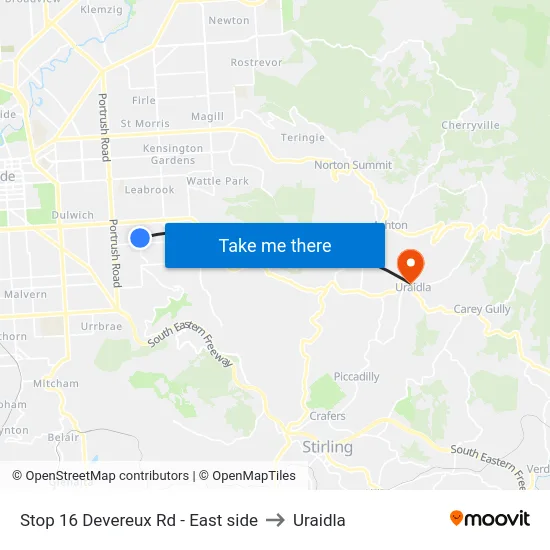 Stop 16 Devereux Rd - East side to Uraidla map