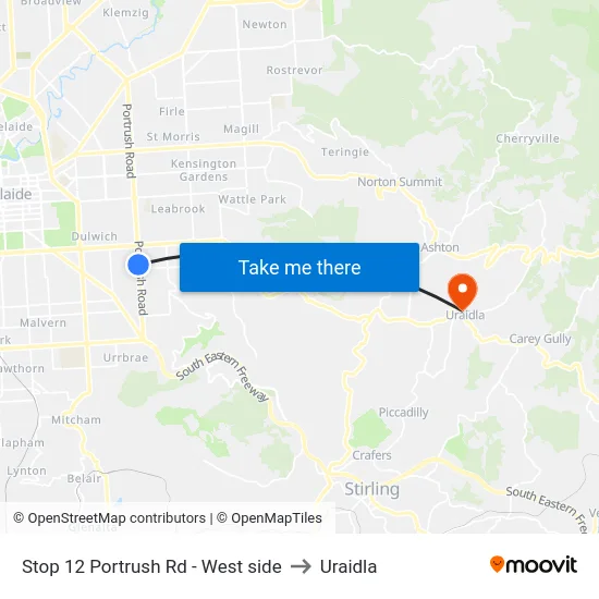 Stop 12 Portrush Rd - West side to Uraidla map