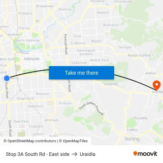 Stop 3A South Rd - East side to Uraidla map