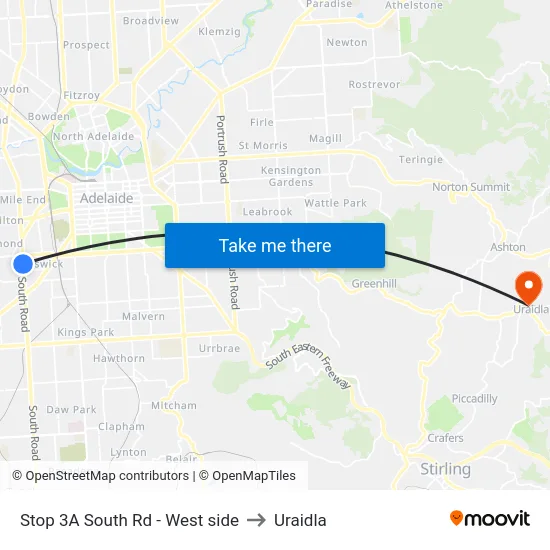 Stop 3A South Rd - West side to Uraidla map
