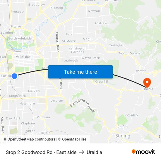 Stop 2 Goodwood Rd - East side to Uraidla map