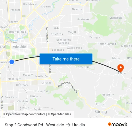 Stop 2 Goodwood Rd - West side to Uraidla map