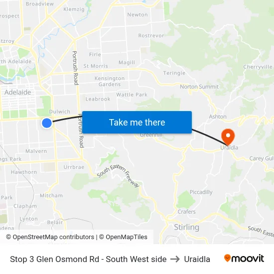 Stop 3 Glen Osmond Rd - South West side to Uraidla map