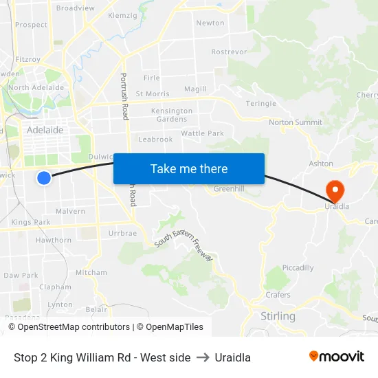 Stop 2 King William Rd - West side to Uraidla map