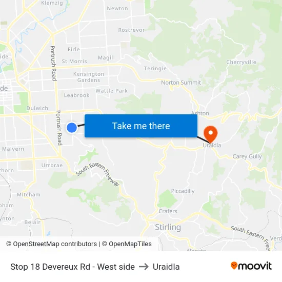 Stop 18 Devereux Rd - West side to Uraidla map