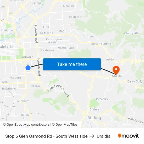Stop 6 Glen Osmond Rd - South West side to Uraidla map
