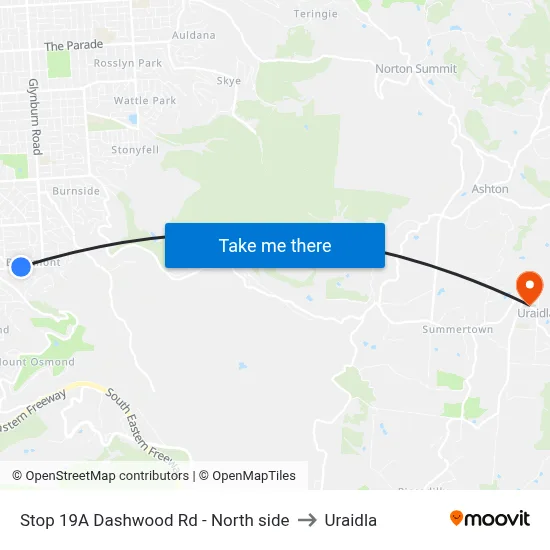Stop 19A Dashwood Rd - North side to Uraidla map