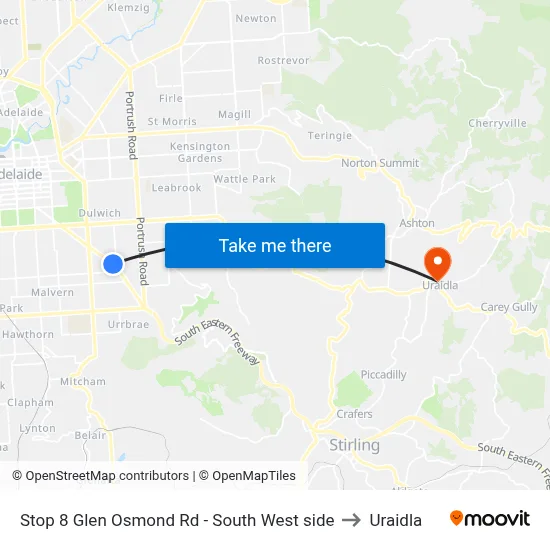 Stop 8 Glen Osmond Rd - South West side to Uraidla map