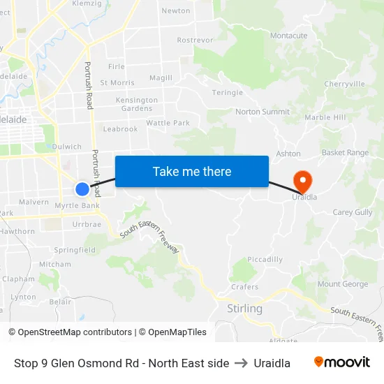 Stop 9 Glen Osmond Rd - North East side to Uraidla map