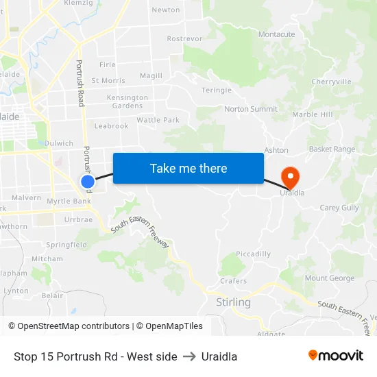 Stop 15 Portrush Rd - West side to Uraidla map