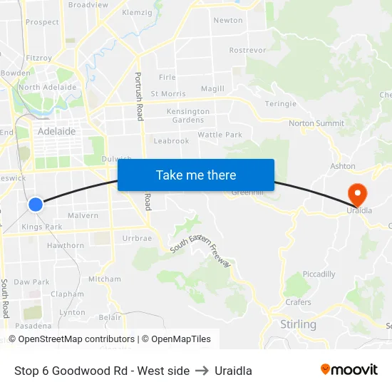 Stop 6 Goodwood Rd - West side to Uraidla map