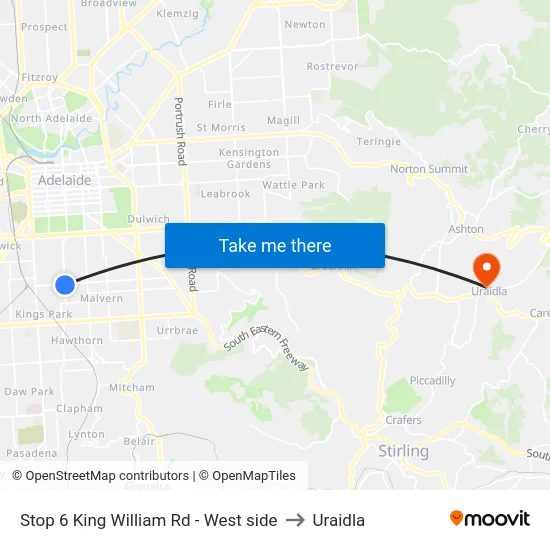Stop 6 King William Rd - West side to Uraidla map