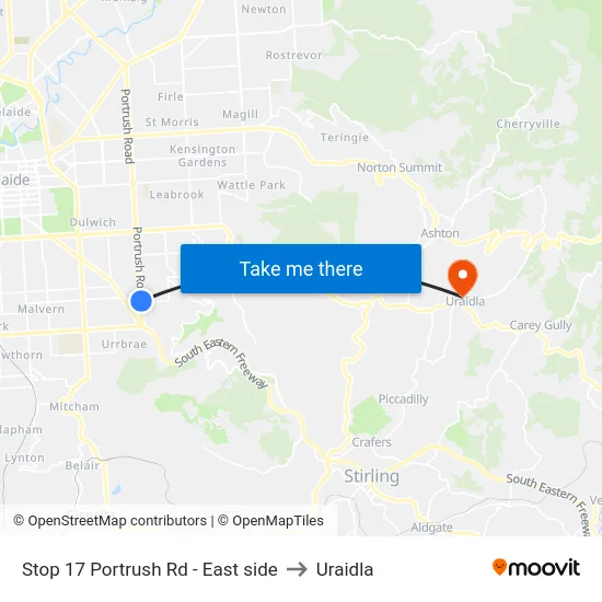 Stop 17 Portrush Rd - East side to Uraidla map