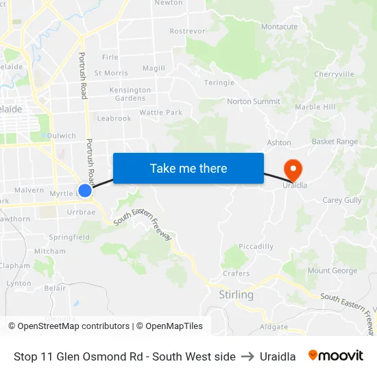 Stop 11 Glen Osmond Rd - South West side to Uraidla map