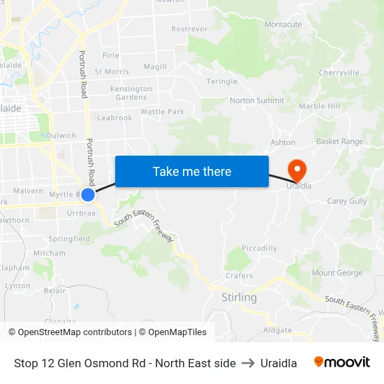 Stop 12 Glen Osmond Rd - North East side to Uraidla map