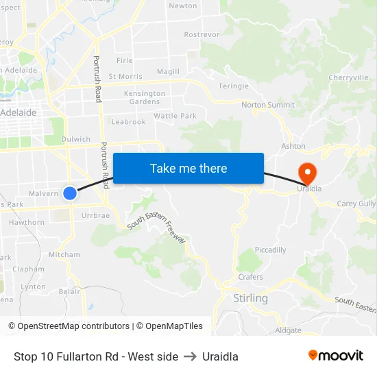 Stop 10 Fullarton Rd - West side to Uraidla map