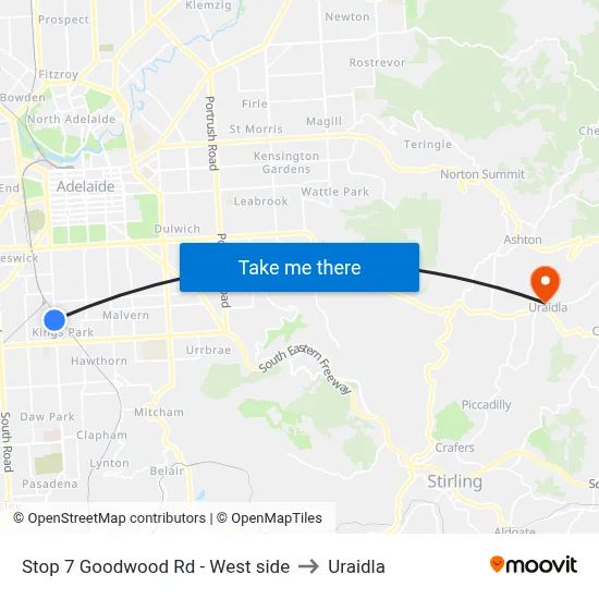 Stop 7 Goodwood Rd - West side to Uraidla map
