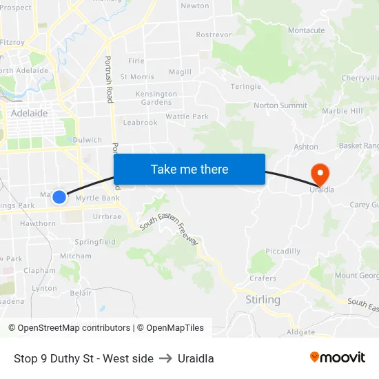 Stop 9 Duthy St - West side to Uraidla map